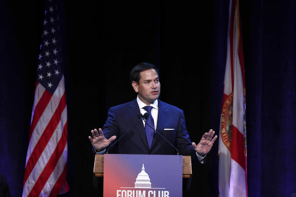 FILE - In this Aug. 21, 2019, file photo, Sen. Marco Rubio, R-Fla., speaks during a Forum Club ...