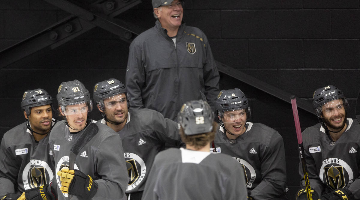 The Golden Knights' enjoy practice at City Capital Arena on Monday, July 20, 2020, in Las Vegas ...