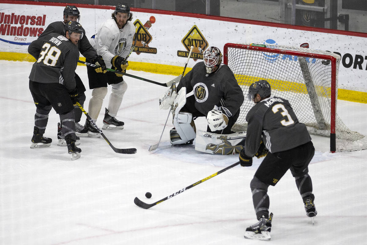 The Golden Knights' hold practice at City Capital Arena on Monday, July 20, 2020, in Las Vegas. ...