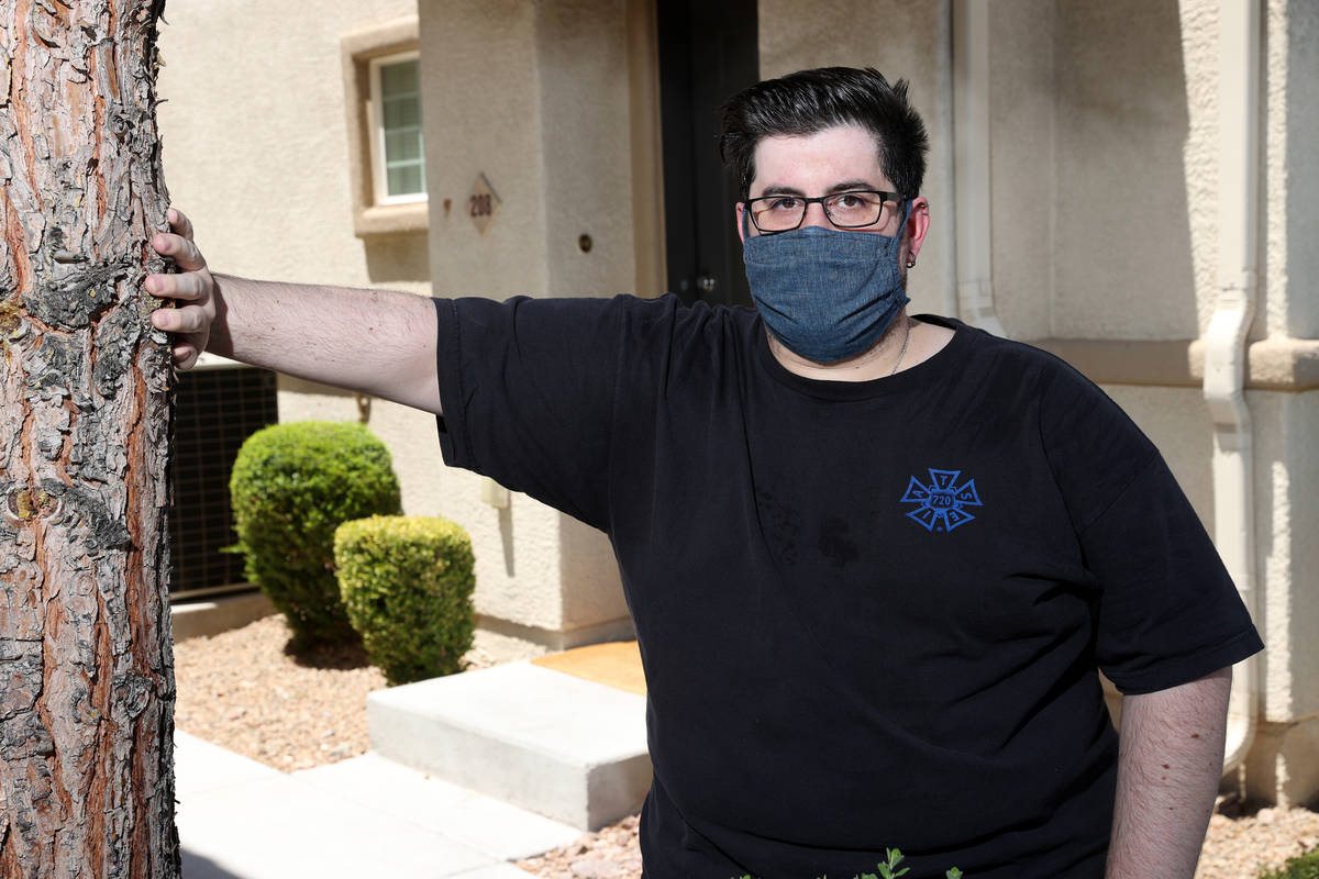 Bill Livolsi, an unemployed stagehand for conventions in Las Vegas, poses for a portrait outsid ...
