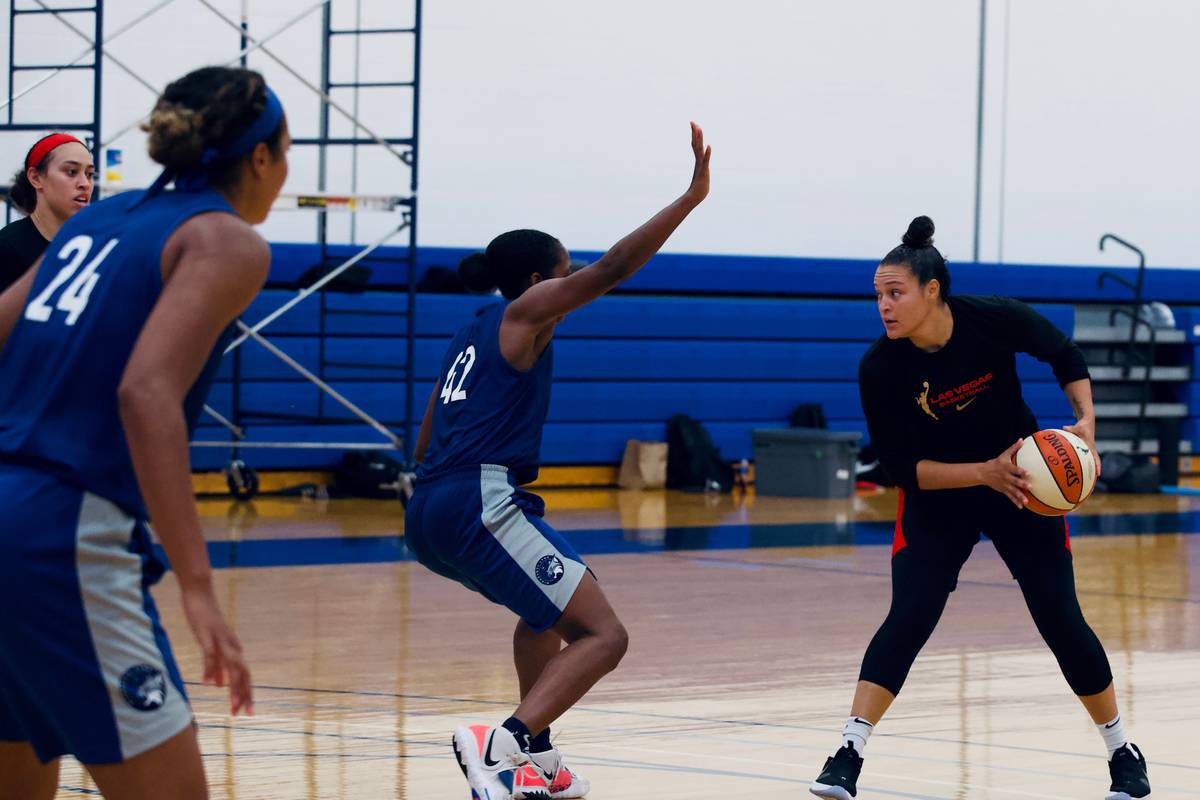 Aces guard Kayla McBride practices against the Minnesota Lynx at IMG Academy in Bradenton, Flor ...