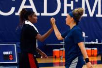 Aces swing player Angel McCoughtry high fives an unidentified Minnesota Lynx player after pract ...