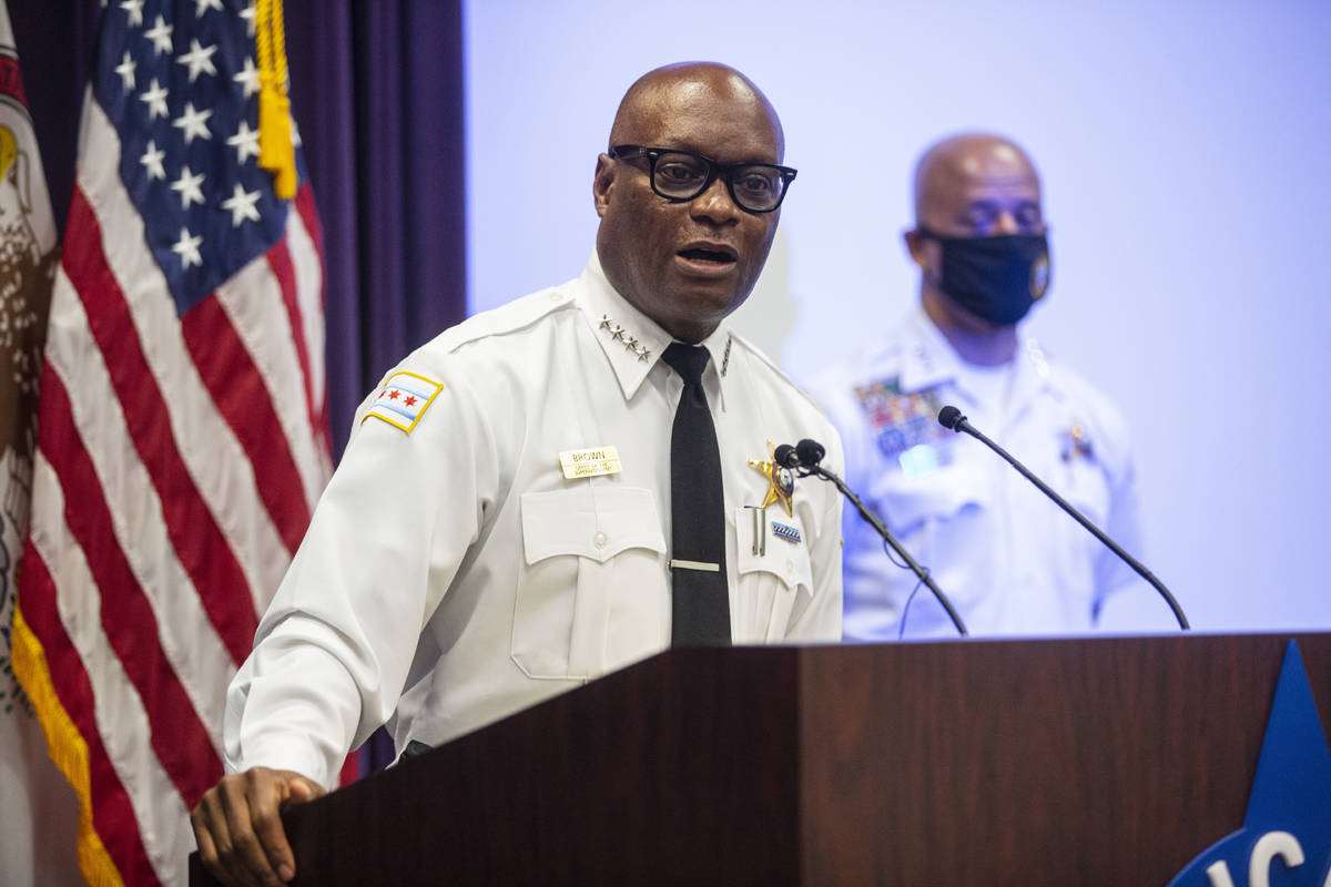 Chicago Police Supt. David Brown discusses the Christopher Columbus protest in Grant Park on Fr ...