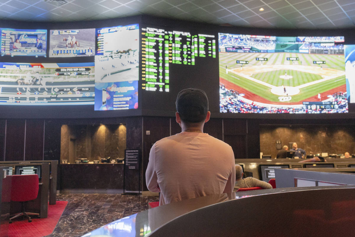 Betters watch live sports at the sportsbook at the newly renovated Palms in Las Vegas, Thursday ...