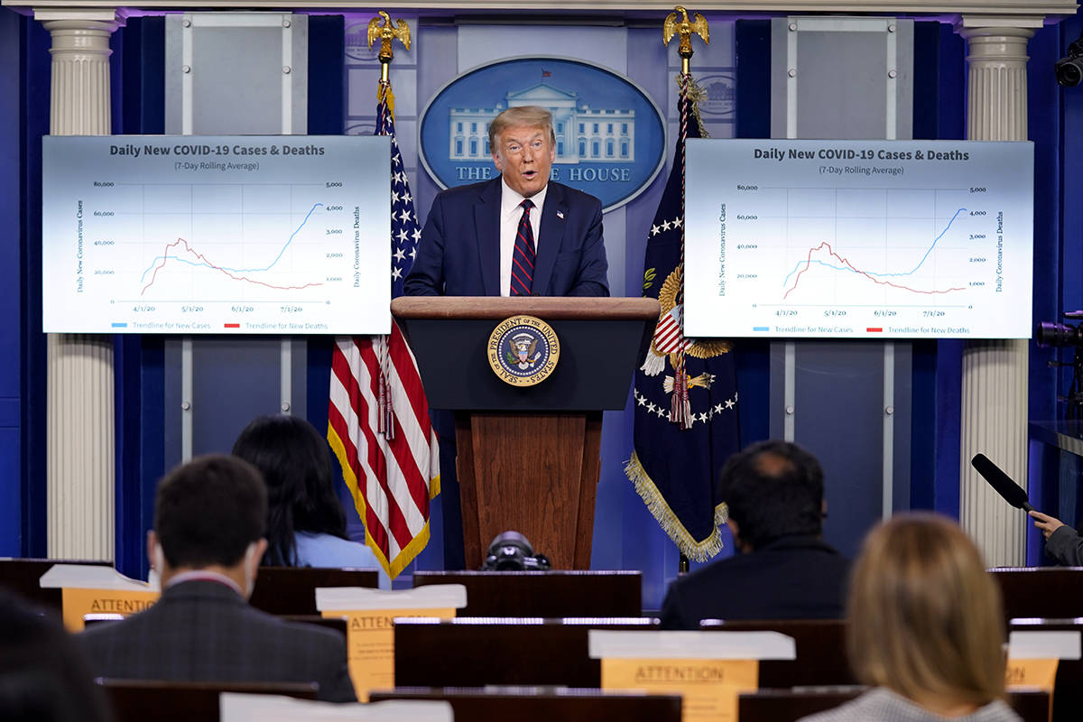 President Donald Trump speaks during a news conference at the White House, Tuesday, July 21, 20 ...