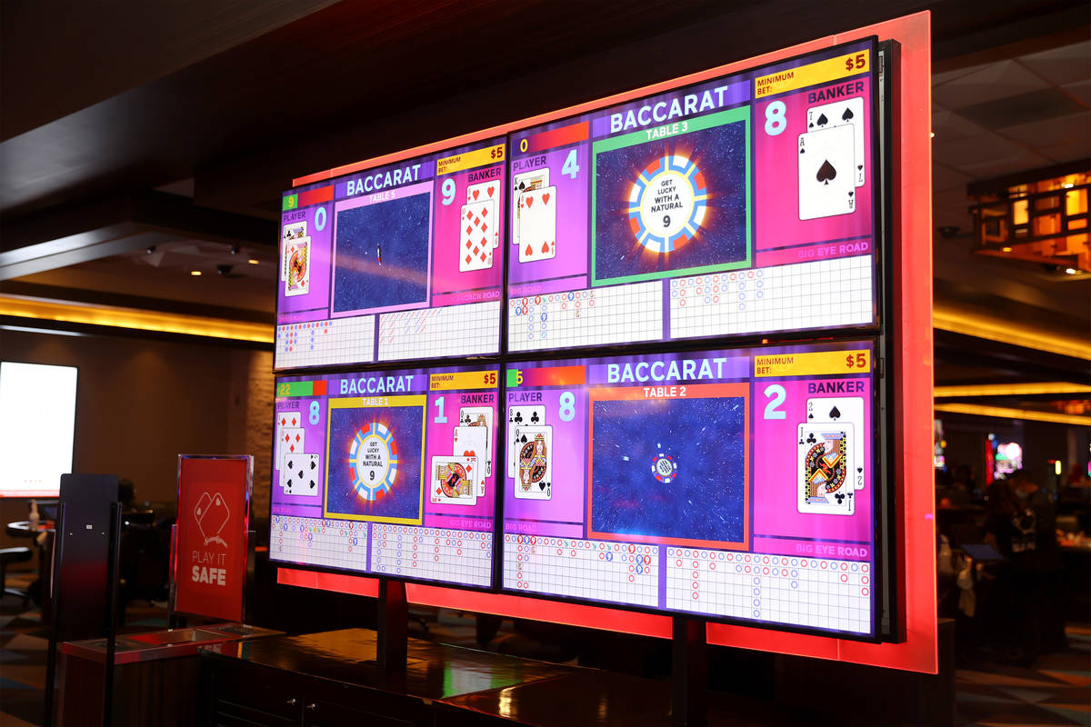 A digital screen shows the cards for players during a game of baccarat at Palace Station Casino ...