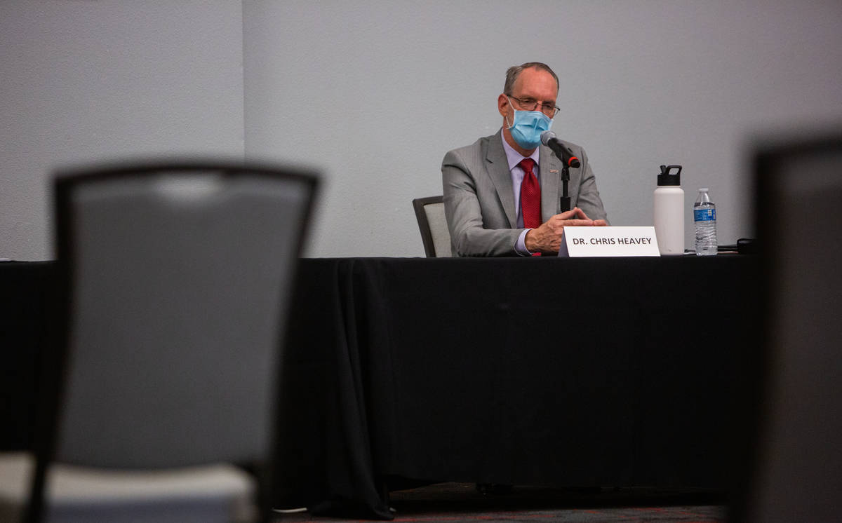 Chris Heavey, interim executive vice president and provost at UNLV, answers questions in a publ ...