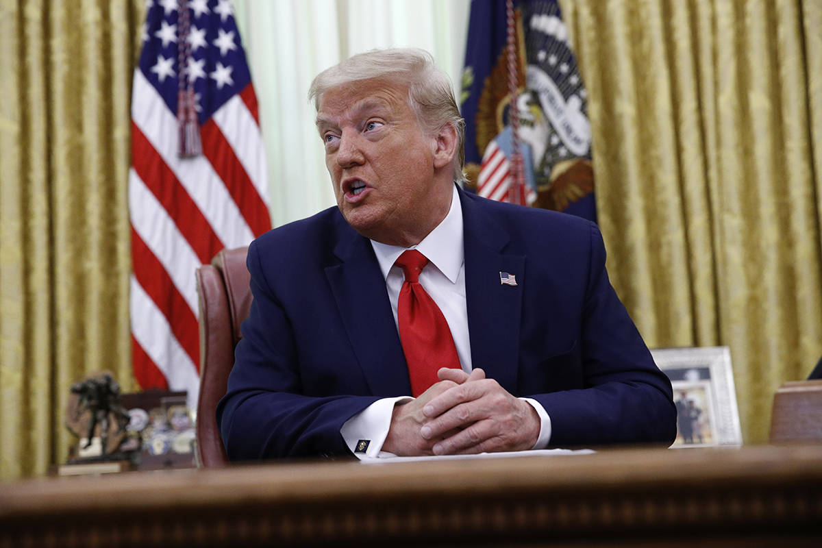 President Donald Trump speaks during a law enforcement briefing on the MS-13 gang in the Oval O ...