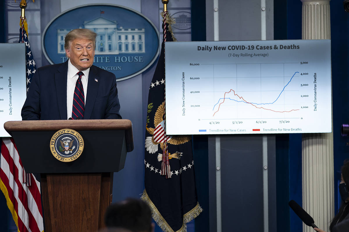 President Donald Trump speaks during a news conference at the White House, Tuesday, July 21, 20 ...