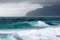 Waves break as Tropical Storm Olivia approaches Oahu, Wednesday, Sept. 12, 2018 in Laie, Hawaii ...