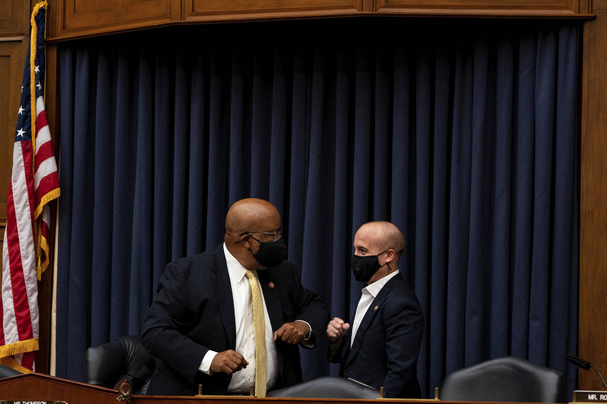 Rep. Bennie Thompson, D-Miss., chairman of the House Committee on Homeland Security, greets Rep ...