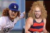 Dodgers pitcher Dustin May, left, showed off his resemblance to Carrot Top. (Photos by The Asso ...