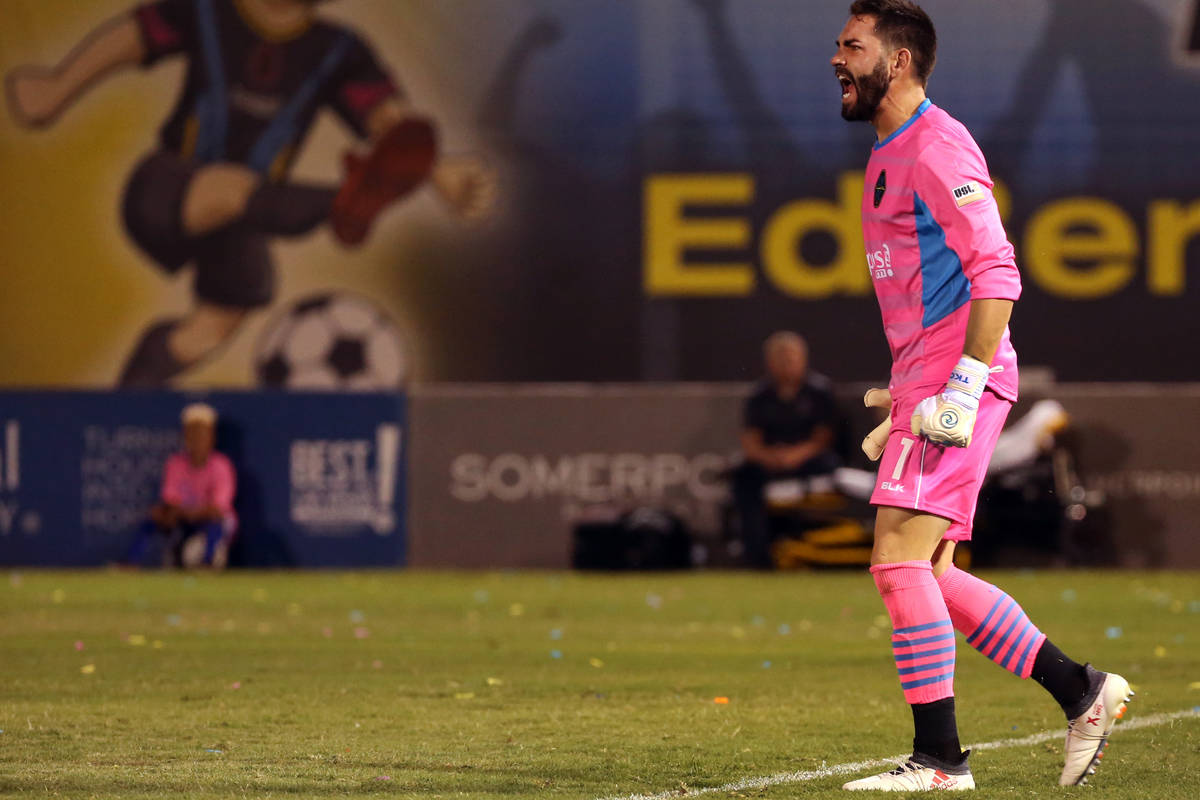 Las Vegas Lights FC goalkeeper Thomas Olsen (1) yells instructions to his teammates versus Port ...
