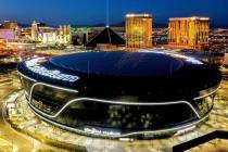Allegiant Stadium lit up at night. (Michael Cerdeiros/ Las Vegas Raiders)