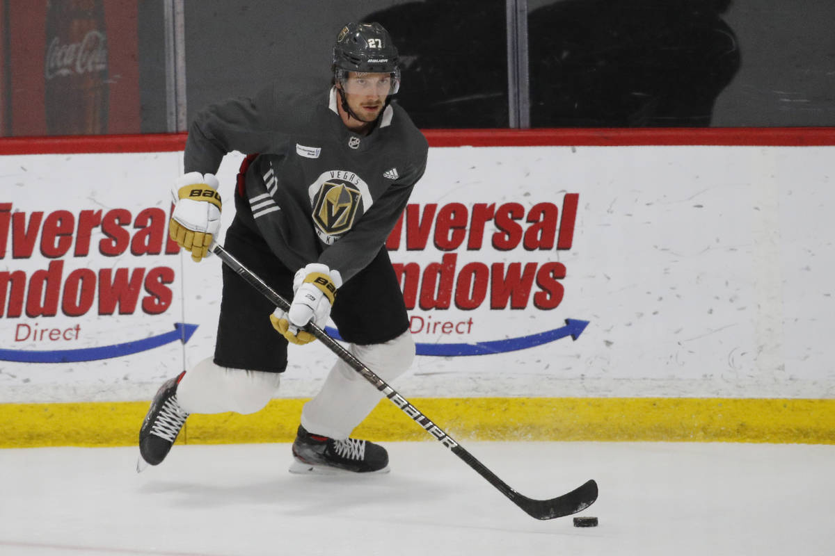 Vegas Golden Knights defenseman Shea Theodore (27) skates up the ice during NHL hockey training ...