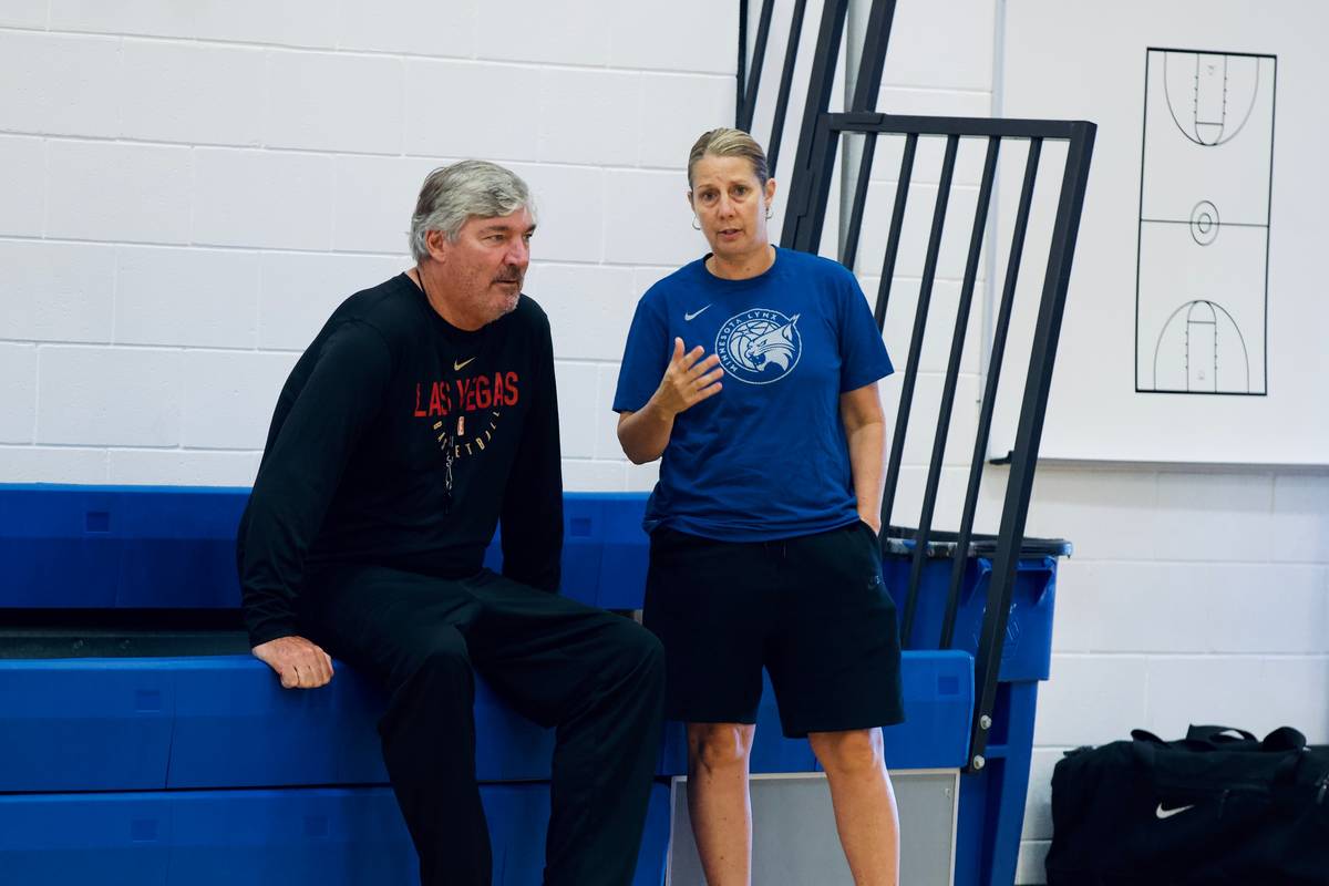 Aces coach Bill Laimbeer and Minnesota Lynx coach Cheryl Reeve talk during a practice at IMG Ac ...