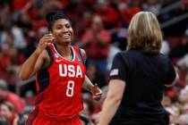 In this Feb. 2, 2020, file photo, USA Women's National Team forward Angel McCoughtry (8) smiles ...