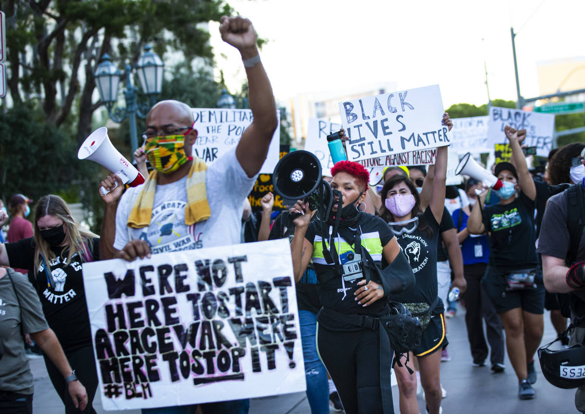 Zyera Dorsey leads a march during a Black Lives Matter rally on the Las Vegas Strip on Saturday ...