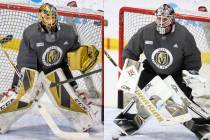 Vegas Golden Knights goaltenders Marc-Andre Fleury, left, and Robin Lehner, right. (L.E. Baskow ...