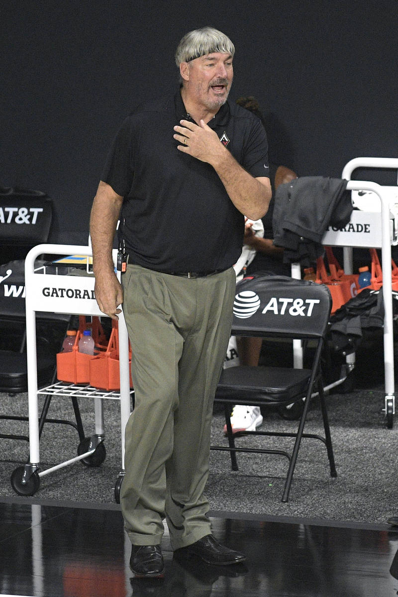 Las Vegas Aces head coach Bill Laimbeer calls out instructions during the first half of a WNBA ...