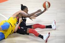 Las Vegas Aces guard Danielle Robinson (3) passes after gaining control of the ball in front of ...