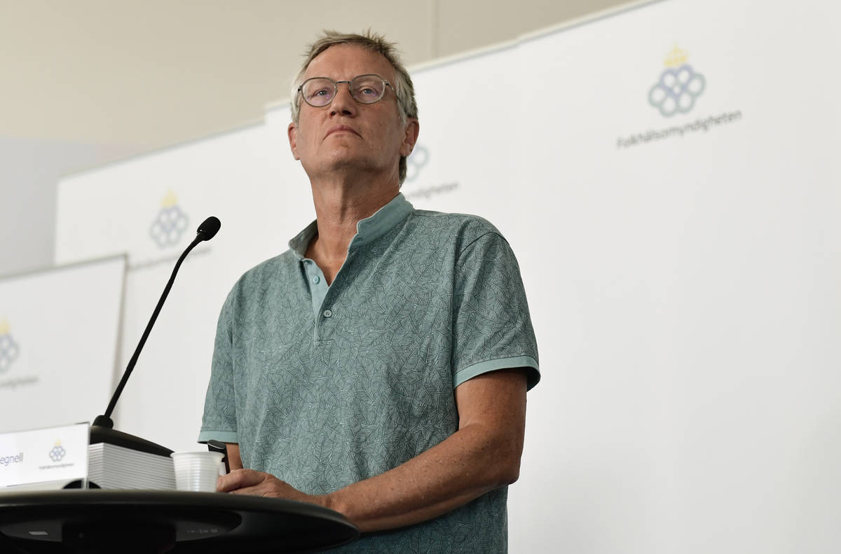 State Epidemiologist Anders Tegnell of the Public Health Agency of Sweden pauses, during a coro ...