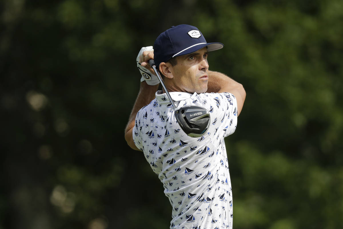 Billy Horschel hits from the 18th tee during the second round of the Memorial golf tournament, ...