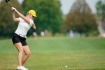 Iowa’s Morgan Goldstein tees off during their dual against Northern Iowa at Pheasant Rid ...