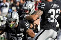 Oakland Raiders middle linebacker Marquel Lee (52) celebrates after making a defensive stop wit ...