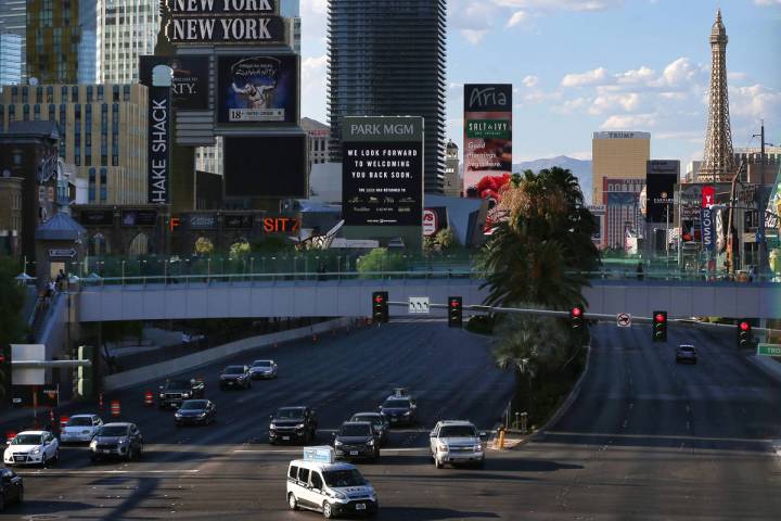 Traffic on Las Vegas Boulevard near Tropicana Avenue in Las Vegas, Monday, July 27, 2020. (Erik ...