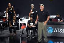 Las Vegas Aces head coach Bill Laimbeer calls out instructions during the first half of a WNBA ...