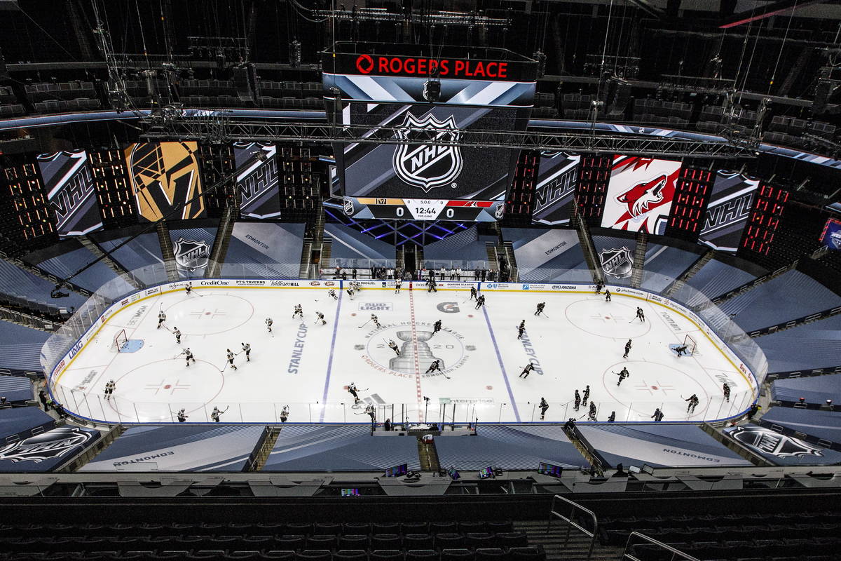 Arizona Coyotes and Vegas Golden Knights players warm up for an NHL hockey exhibition game in E ...
