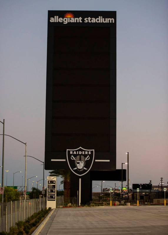 Signage at Allegiant Stadium in Las Vegas on Thursday, July 30, 2020. The stadium, home to the ...