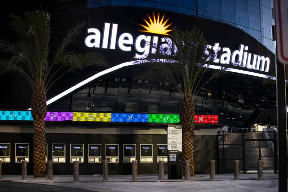Signage and the box office area at Allegiant Stadium in Las Vegas on Thursday, July 30, 2020. T ...