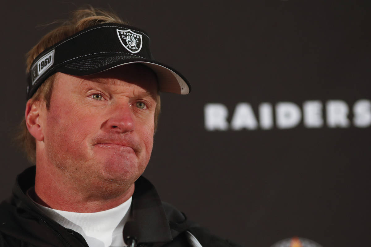 Oakland Raiders head coach Jon Gruden speaks after an NFL football game against the Denver Bron ...