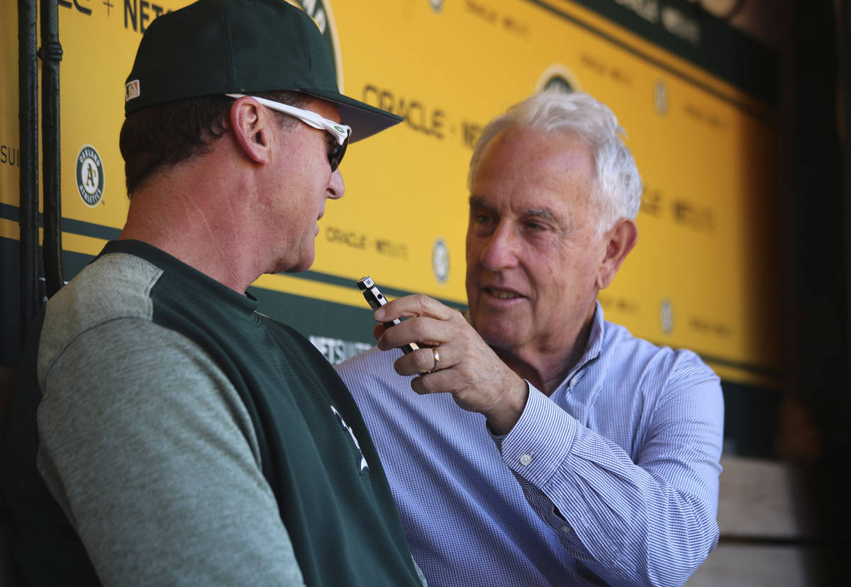 Oakland Athletics broadcaster Ken Korach, a Las Vegas resident, interviews manager Bob Melvin b ...