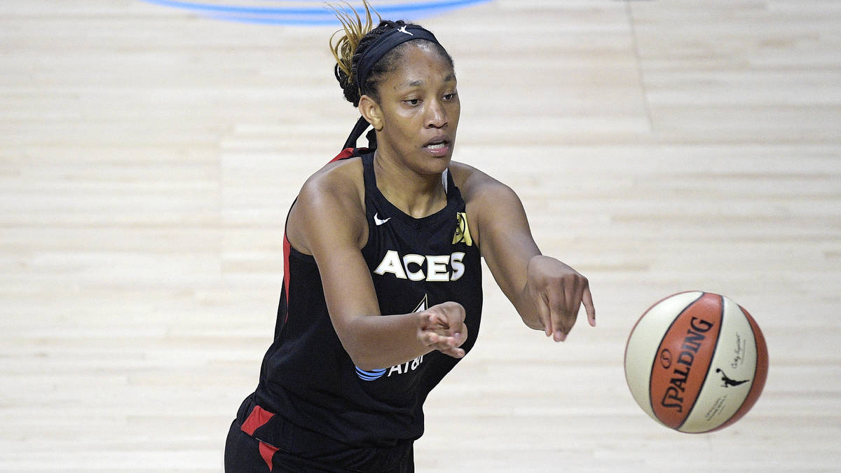 Las Vegas Aces forward A'ja Wilson (22) passes the ball during the second half of a WNBA basket ...
