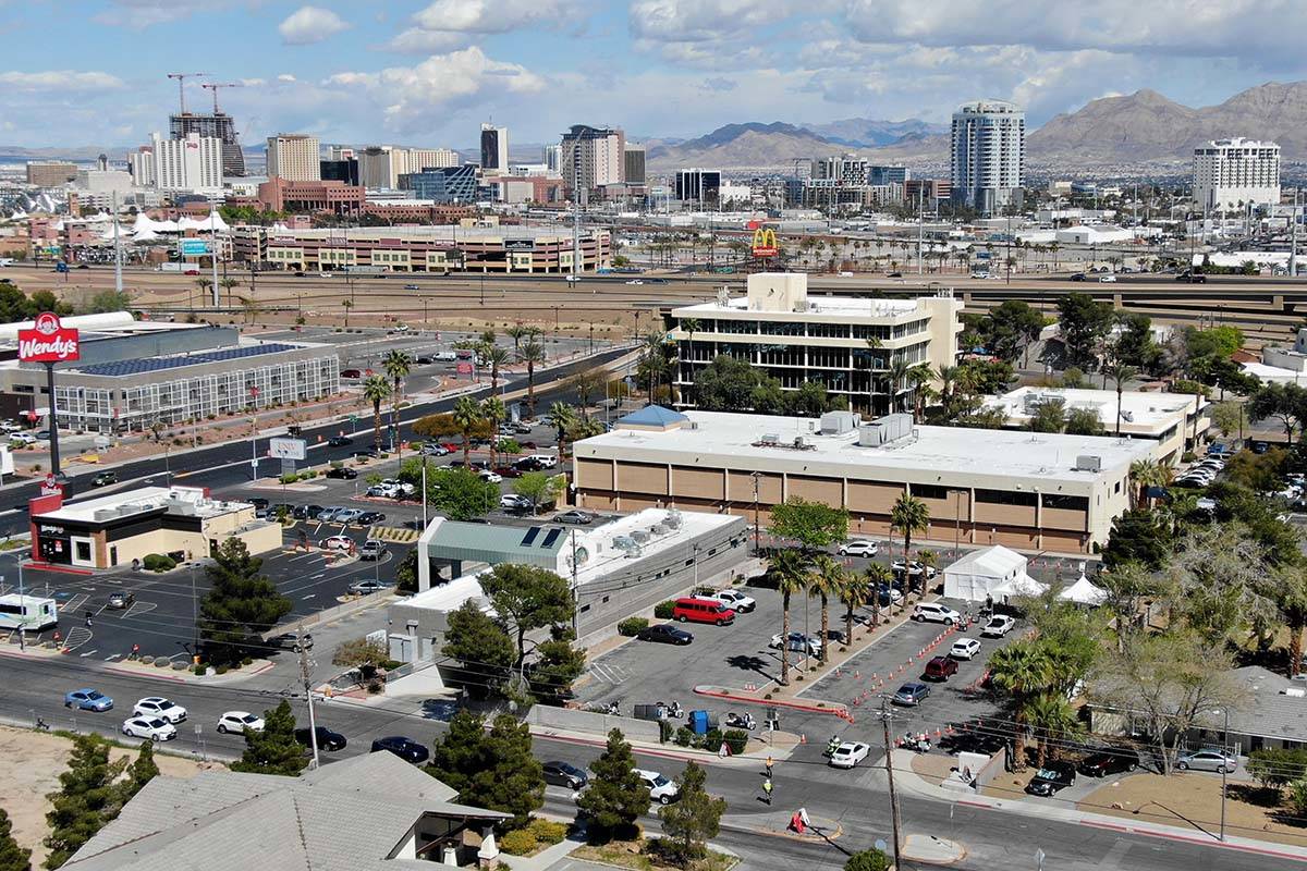 Cars line up on Shadow Lane at UNLV School of Medicine to get drive through testing for the cor ...