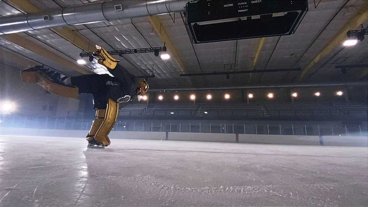 Golden Knights goaltender Marc-Andre Fleury skates while filming an Apple commercial before the ...