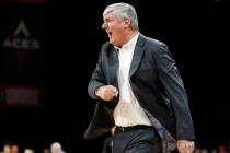 Las Vegas Aces head coach Bill Laimbeer coaches against the Washington Mystics during the secon ...