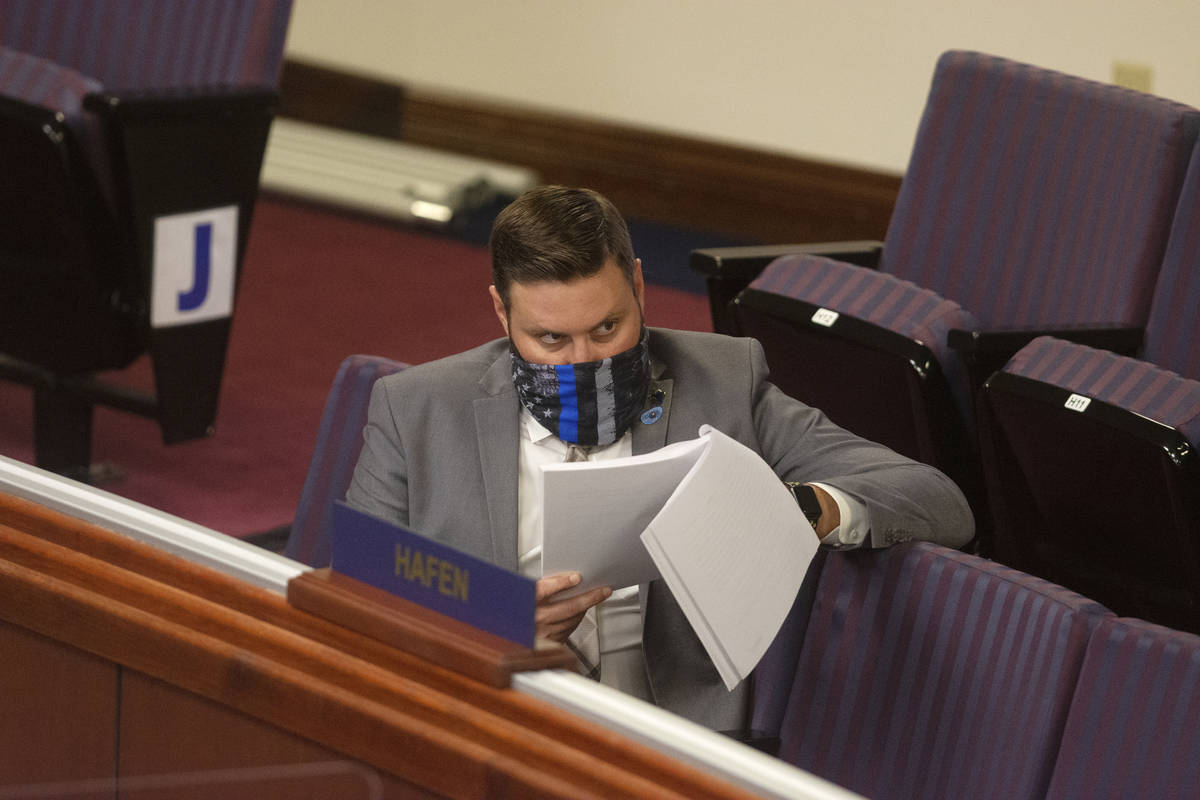 Assemblyman Gregory Hafen II reviews Assembly Bill 4 on Friday, July 31, 2020 during the first ...