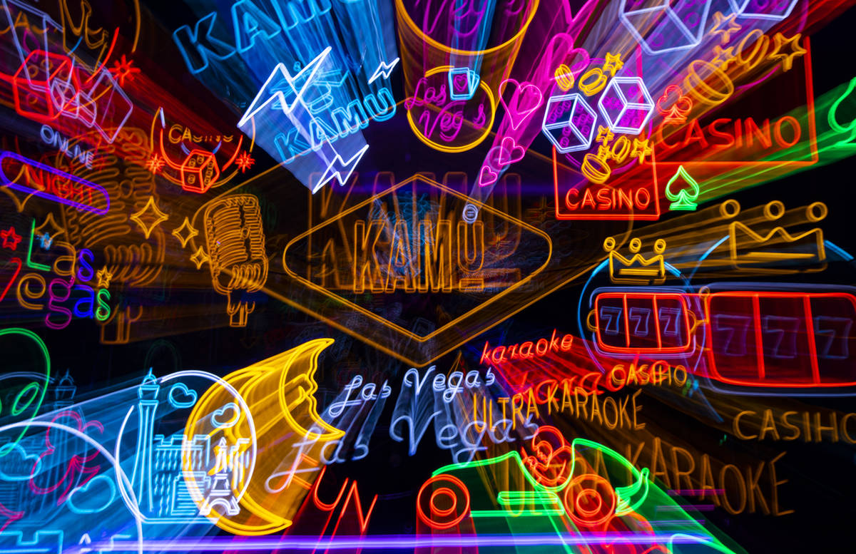 A room filled with neon signs at Kamu Karaoke at the Grand Canal Shoppes at The Venetian in Las ...