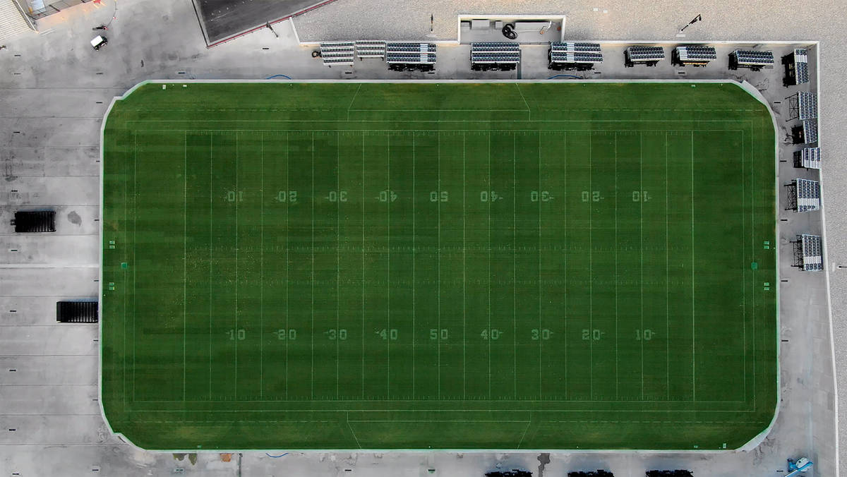 Aerial view of the natural grass field tray at Allegiant Stadium and on Tuesday, August 25, 202 ...