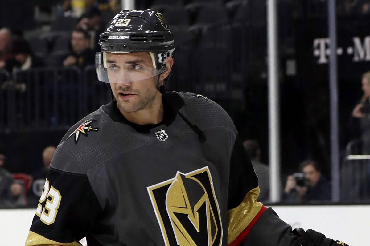 Vegas Golden Knights defenseman Alec Martinez warms up for the team's NHL  hockey game against t …