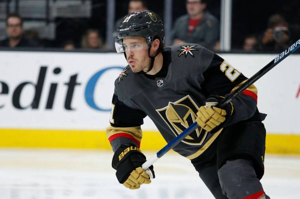 Vegas Golden Knights center Nick Cousins (21) plays against the Buffalo Sabres in an NHL hockey ...