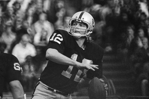 In this 1974 file photo, Oakland Raiders quarterback Ken Stabler looks to pass. (AP Photo/File)