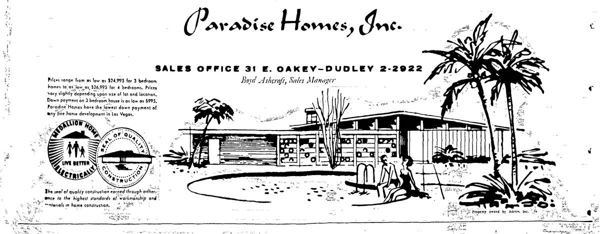 An ad for Las Vegas' Paradise Palms community, printed in the May 17, 1960, edition of the Las ...