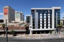 The Gallery Tower expansion, right, at the Downtown Grand in Las Vegas Friday, July 31, 2020. T ...