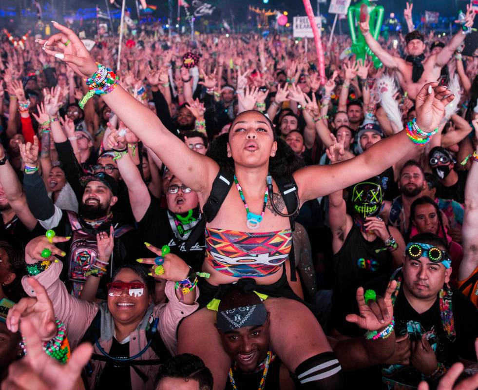 Concert goers cheer for Steve Aoki during his performance at the Circuit Grounds stage on day t ...