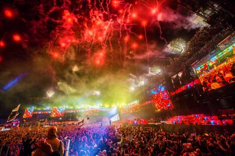 Fireworks light up the sky during Steve Aoki's performance at the Circuit Grounds stage on day ...